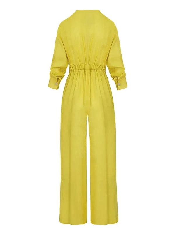 High Waisted Long Sleeves Buttoned Pockets Solid Color V-Neck Jumpsuits