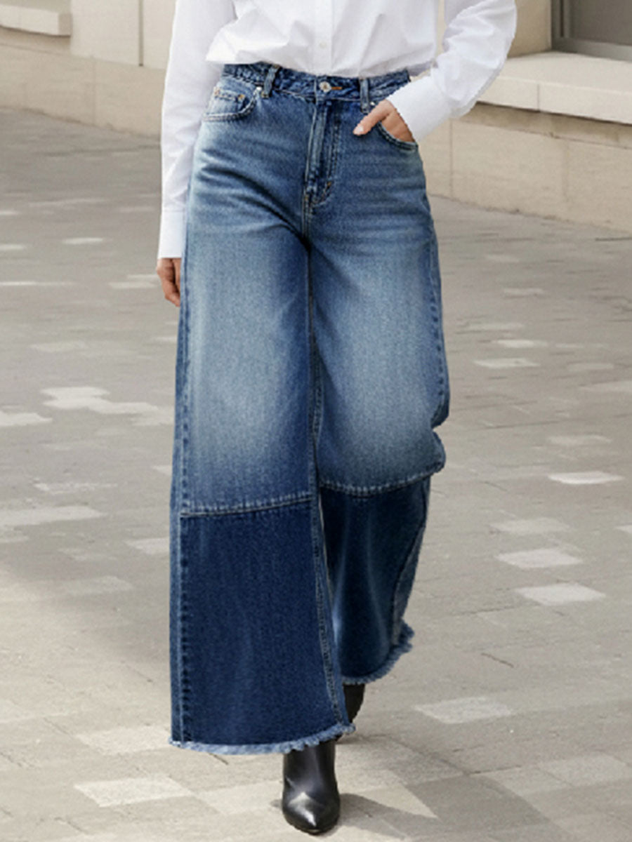 High Waisted Wide Leg Contrast Color Fringed Split-Joint Jean Pants Bottoms