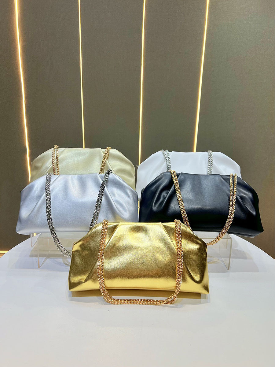 Chains Pleated Solid Color Zipper Evening Bags & Clutches Shoulder Bags