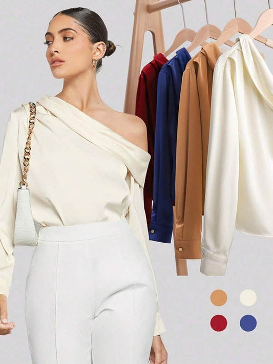 Long Sleeves Skinny Pleated Solid Color Split-Joint One-Shoulder Blouses&Shirts Tops