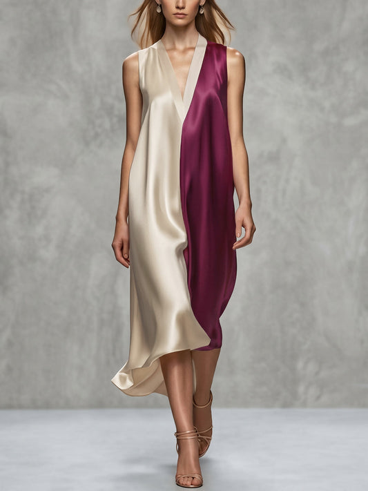A-Line Loose Contrast Color V-Neck Midi Dresses