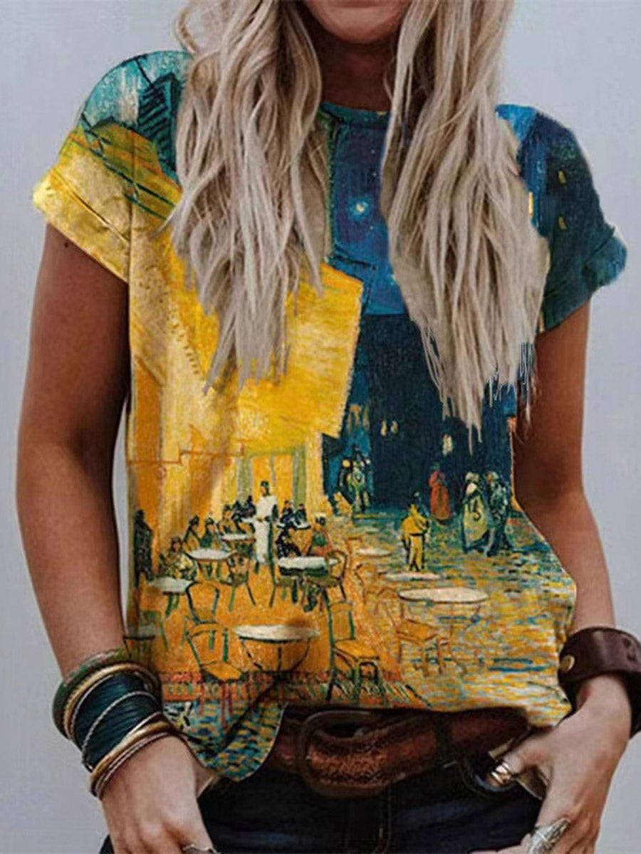 Loose Short Sleeves Contrast Color Printed Split-Joint Round-Neck T-Shirts Tops