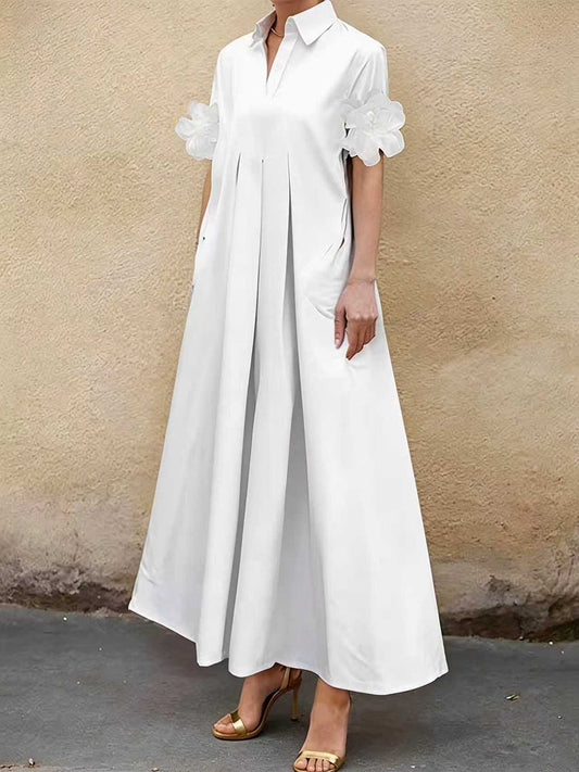A-Line Loose Pleated Solid Color Split-Joint Lapel Maxi Dresses Shirt Dress