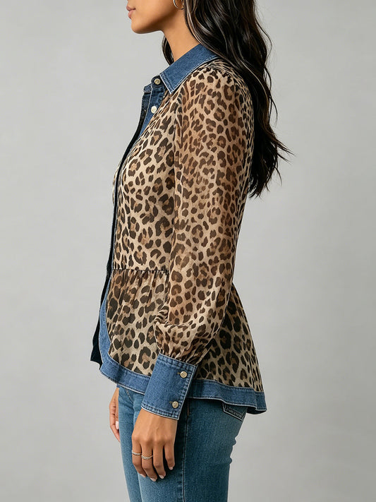 Long Sleeves Puff Sleeves Buttoned Contrast Color Leopard Pleated Split-Joint Lapel Blouses&Shirts Tops