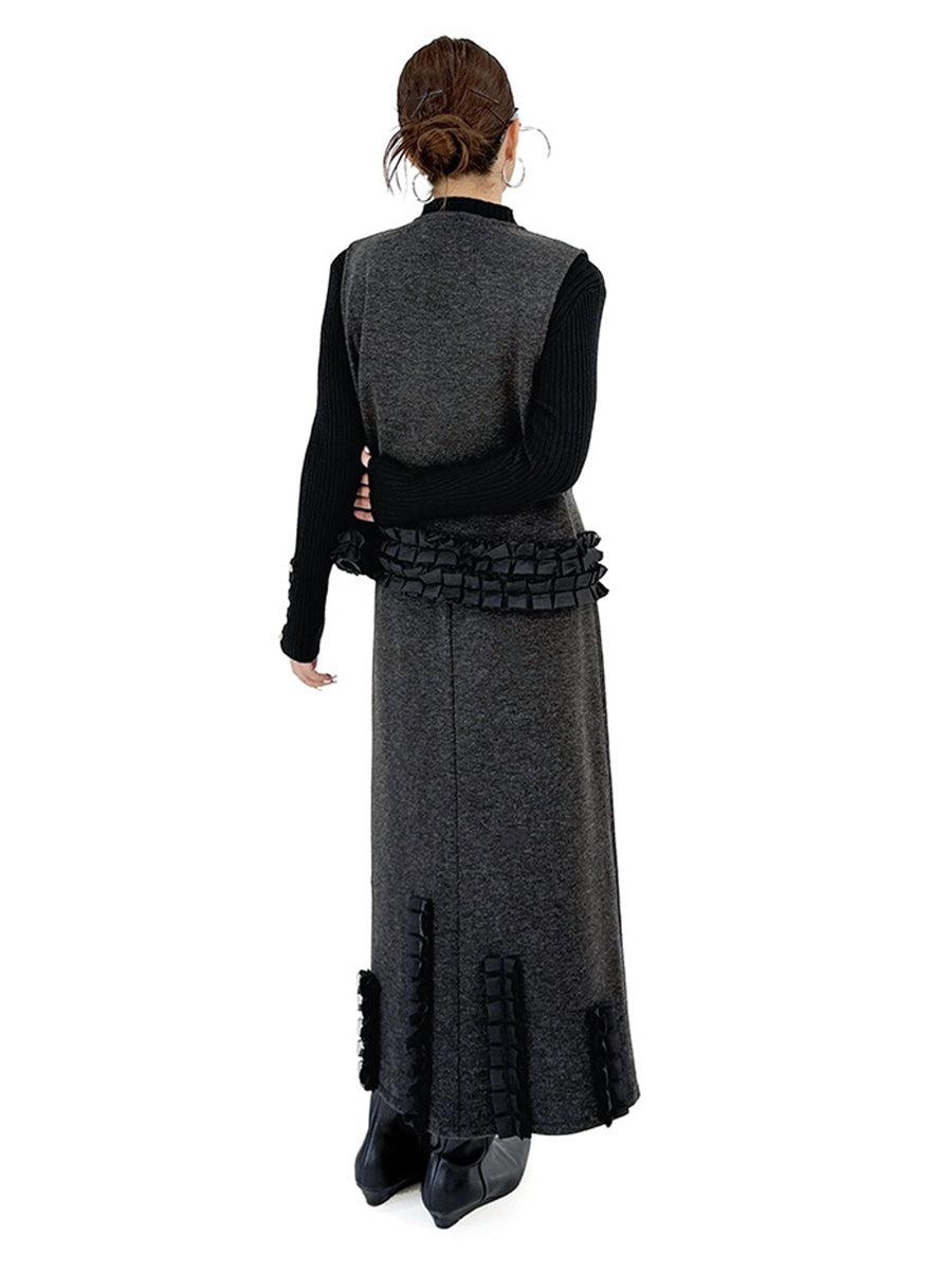Contrast Color Ruffled Split-Joint V-Neck Vest Top + Elasticated Waist High Waisted Pleated Skirts Bottoms Two Pieces Set