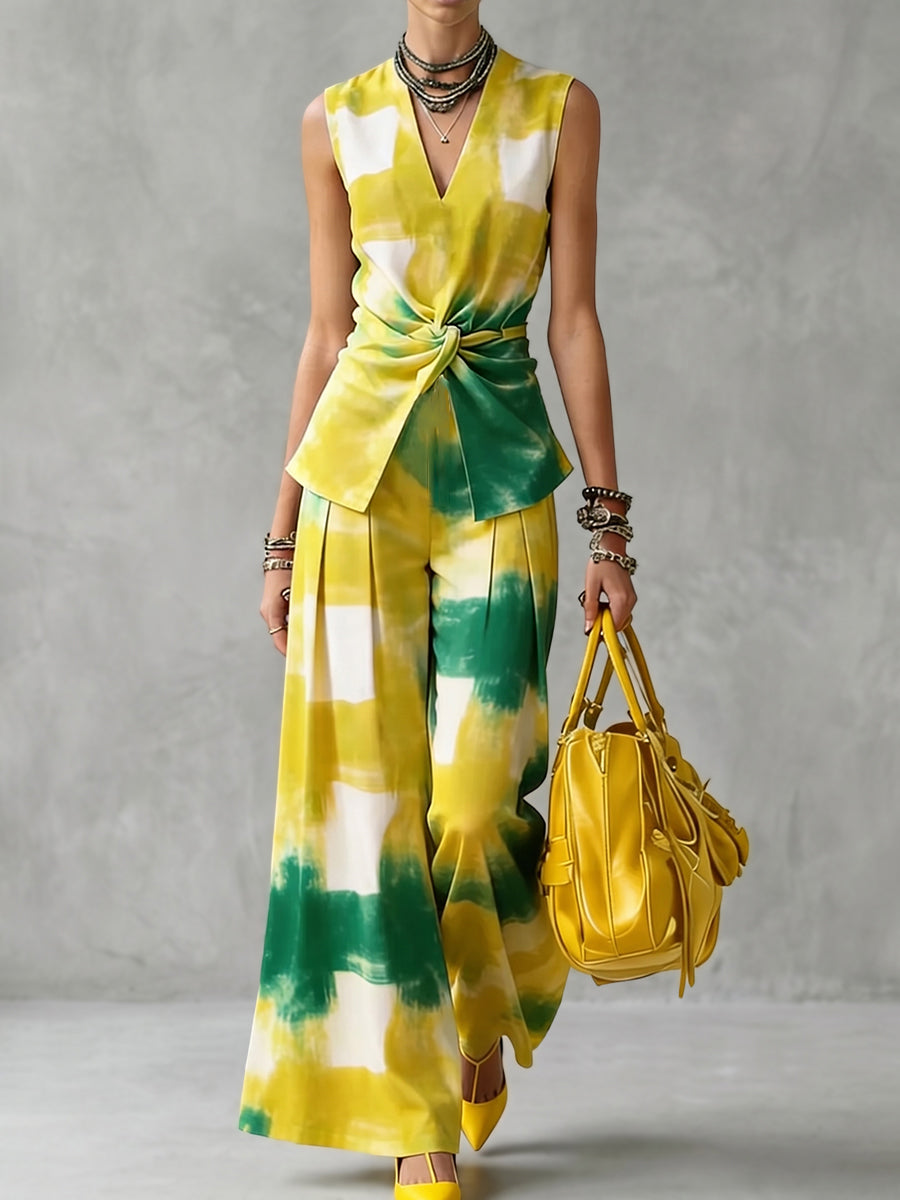 High Waisted Wide Leg Contrast Color Pleated Pockets Printed Pants Trousers
