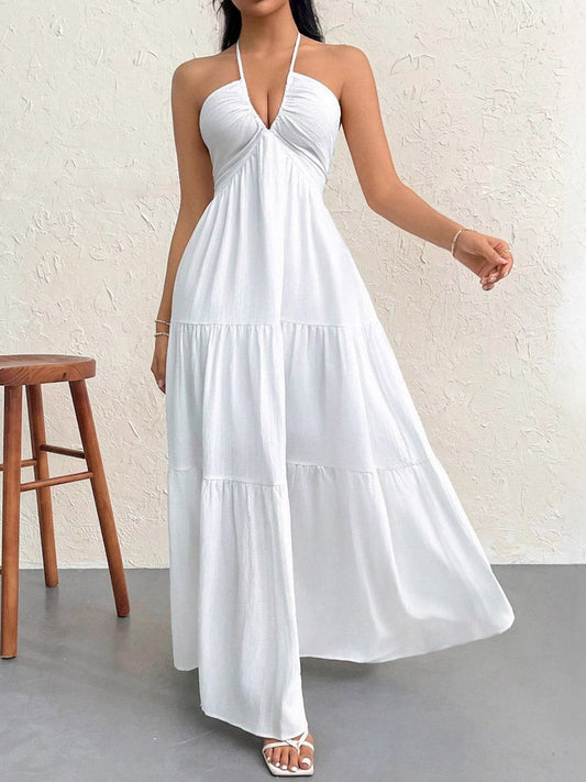 A-Line Loose Backless Pleated Solid Color Split-Joint Halter-Neck Midi Dresses