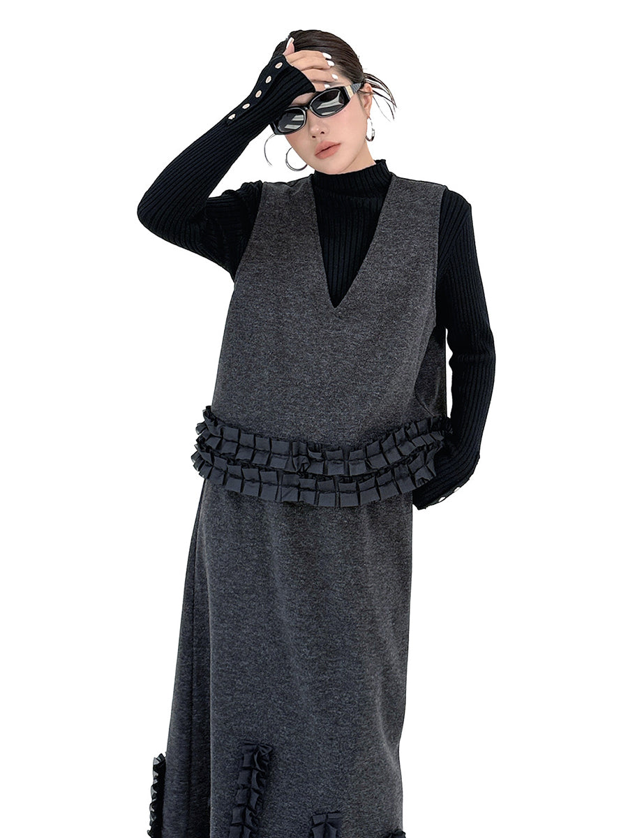 Contrast Color Ruffled Split-Joint V-Neck Vest Top + Elasticated Waist High Waisted Pleated Skirts Bottoms Two Pieces Set