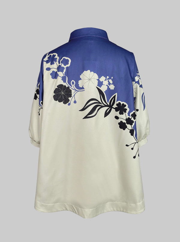 Half Sleeves High-Low Buttoned Flower Print Pleated Lapel Blouses&Shirts Tops