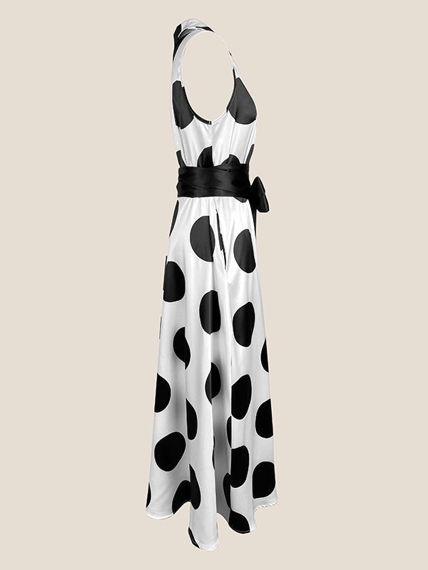 A-Line Sleeveless Polka-Dot Split-Joint Tied Waist Lapel Maxi Dresses Shirt Dress