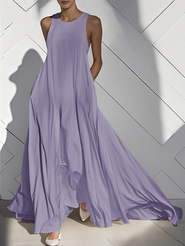 Loose Sleeveless Pockets Solid Color Split-Joint Round-Neck Maxi Dresses