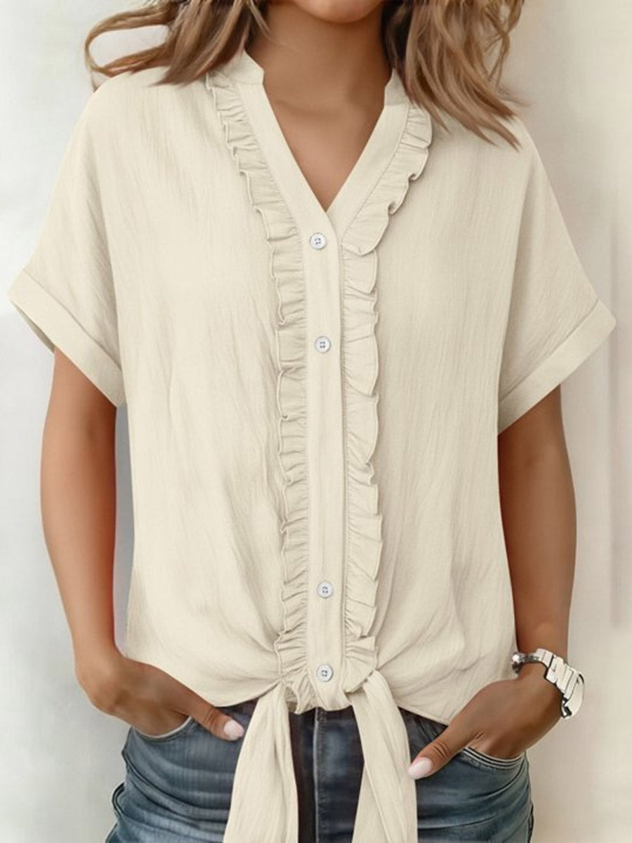 Loose Short Sleeves Buttoned Knot Ruffle Trim Solid Color V-Neck Blouses&Shirts Tops