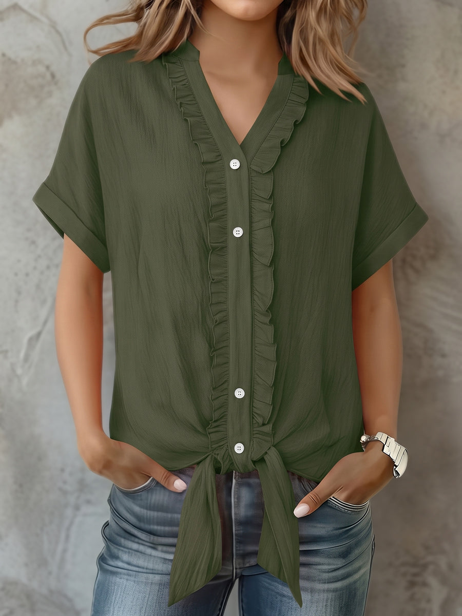 Loose Short Sleeves Buttoned Knot Ruffle Trim Solid Color V-Neck Blouses&Shirts Tops