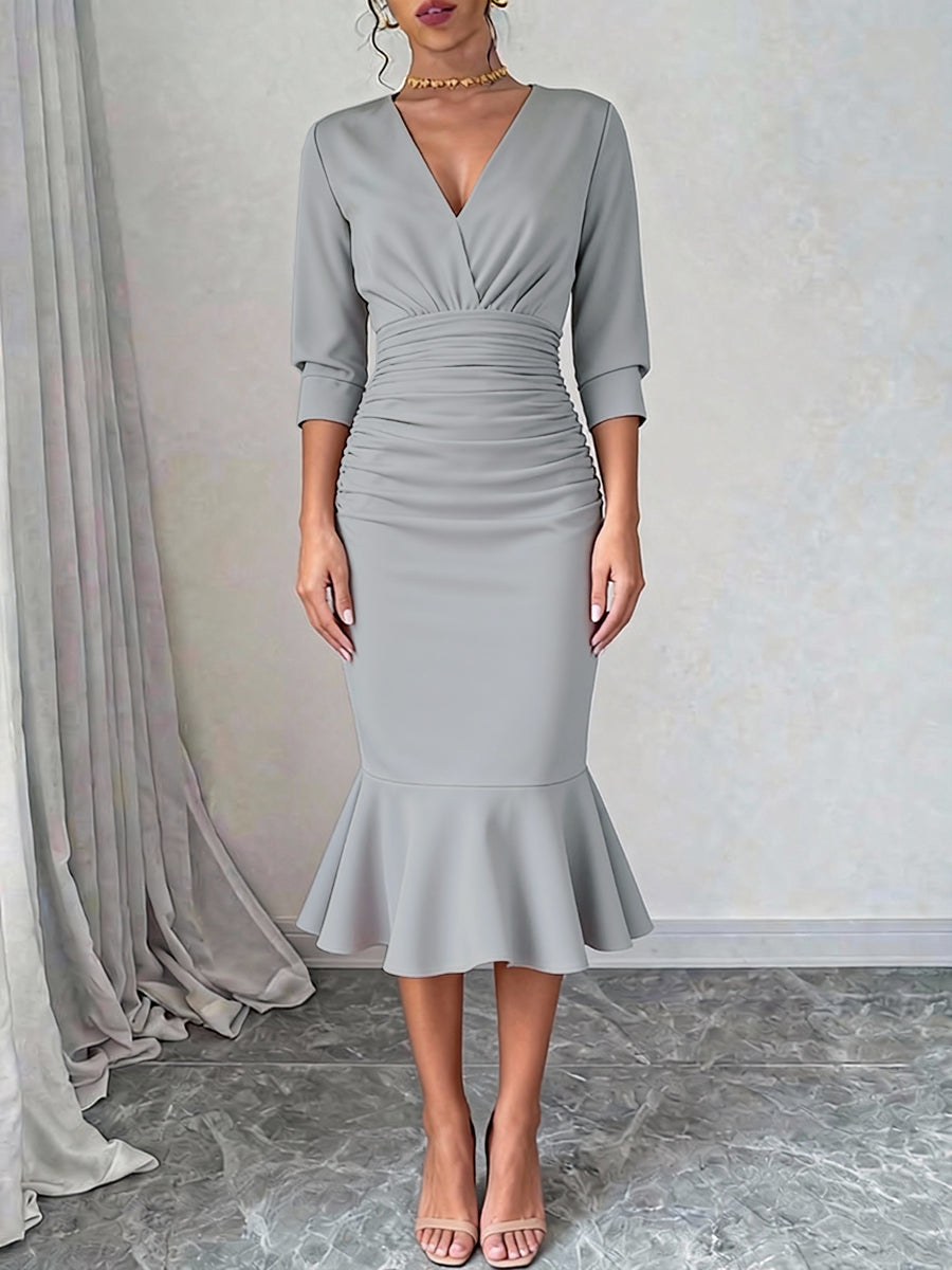 Bodycon Elasticated Waist Interlace Solid Color Split-Joint Split-Side Deep V-Neck Midi Dresses