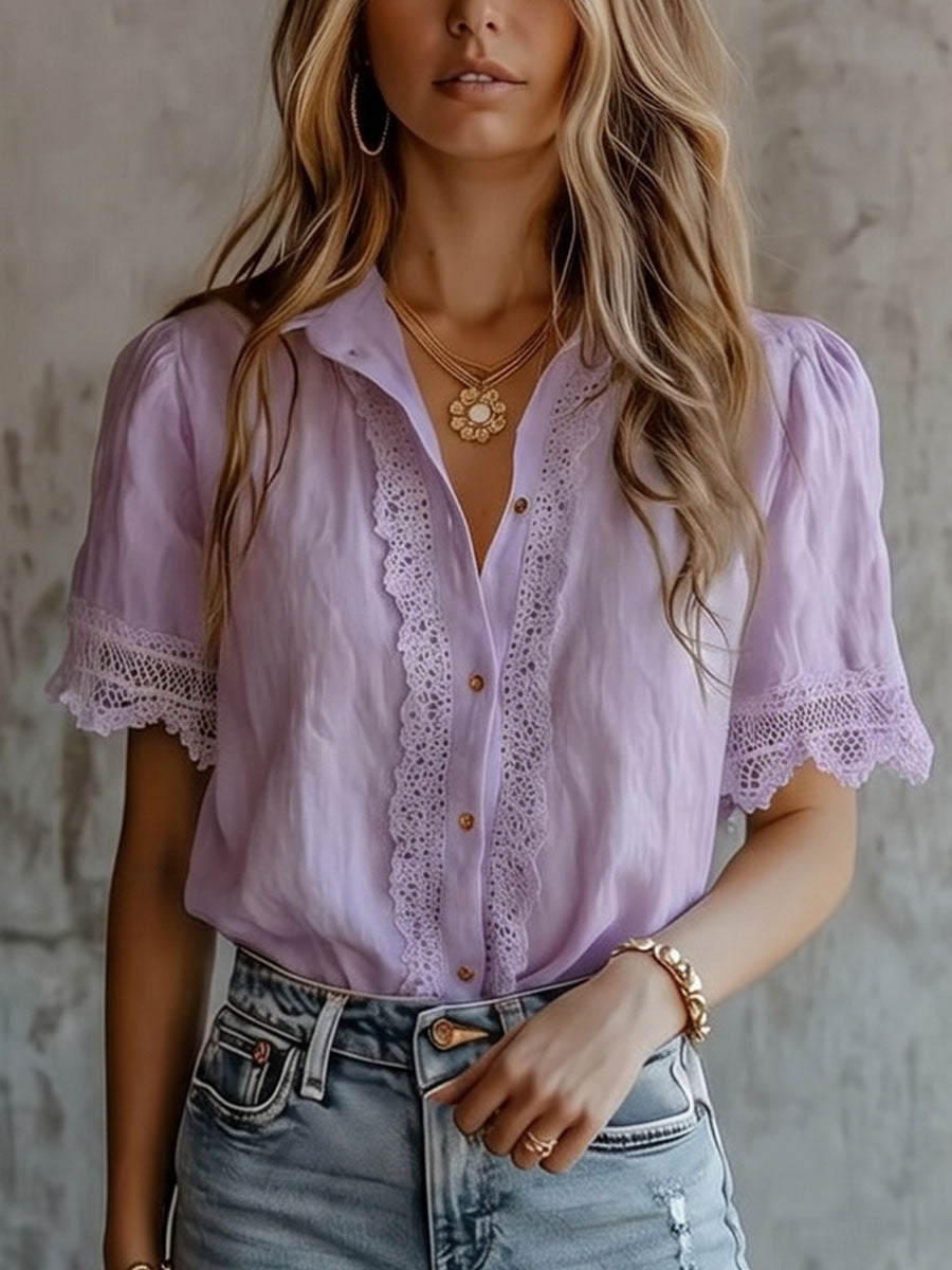 Plus Size Short Sleeves Buttoned Hollow Pleated Solid Color Lapel Blouses&Shirts Tops