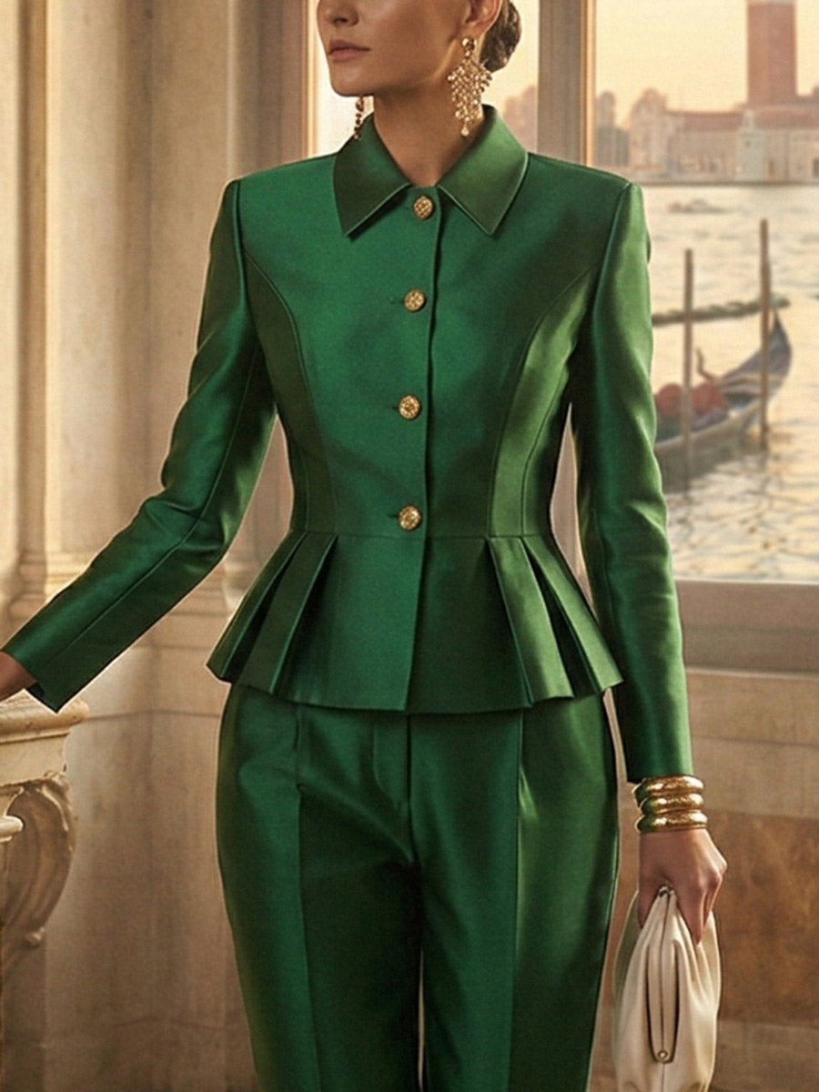 Elasticated Waist High Waisted Buttoned Contrast Color Ruffled Split-Joint Lapel Blazer Blouses&Shirts Tops