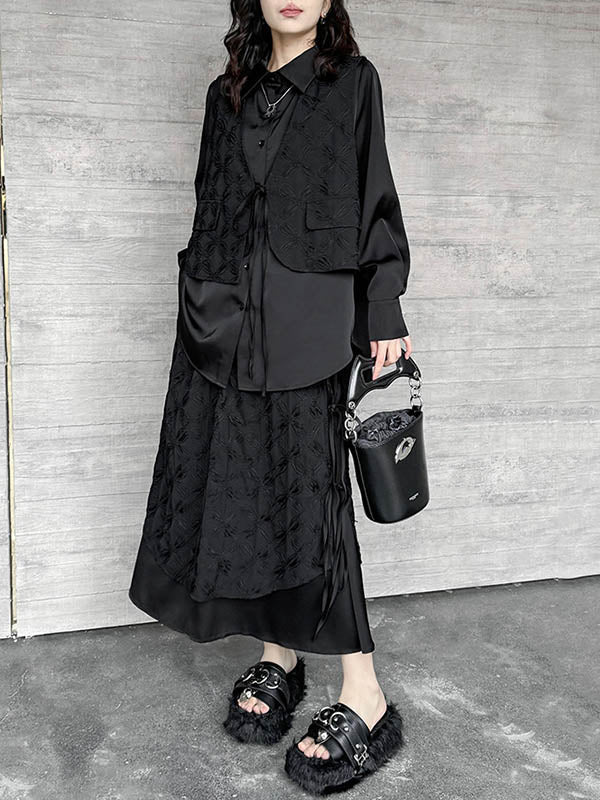 Solid Color Split-Joint Asymmetric Drawstring Flower Print   False Two Lapel Buttoned Pockets Blouses&Shirts Tops + Elasticated Waist Double Layered Skirts Bottoms Two Pieces Set