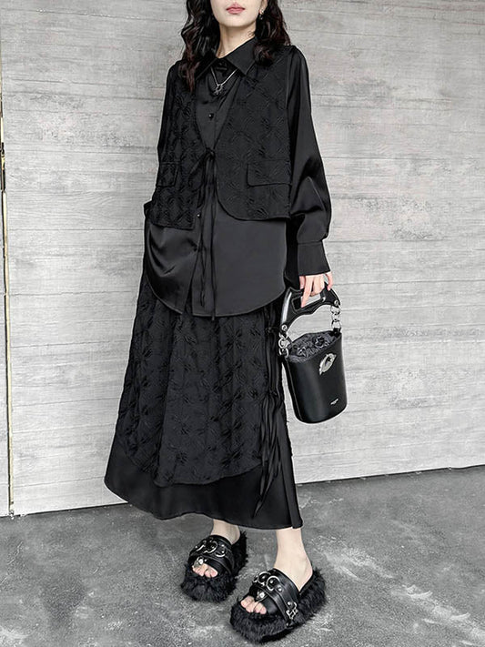 Solid Color Split-Joint Asymmetric Drawstring Flower Print   False Two Lapel Buttoned Pockets Blouses&Shirts Tops + Elasticated Waist Double Layered Skirts Bottoms Two Pieces Set