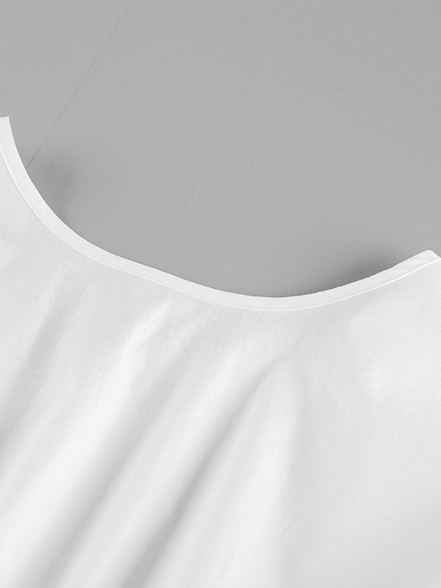 Elasticated Waist High Waisted Pleated Solid Color Split-Joint Tied Waist Round-Neck Blouses&Shirts Tops