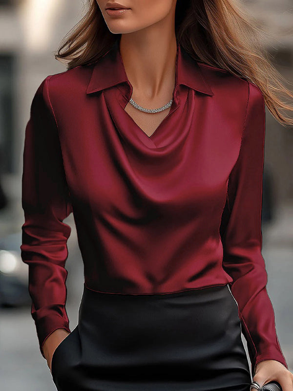 Long Sleeves Loose Solid Color Heaps Collar Blouses&Shirts Tops