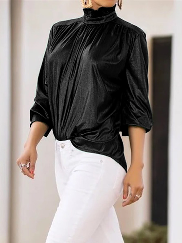 Loose Three-Quarter Sleeves Shiny Solid Color High-Neck Blouses&Shirts Tops