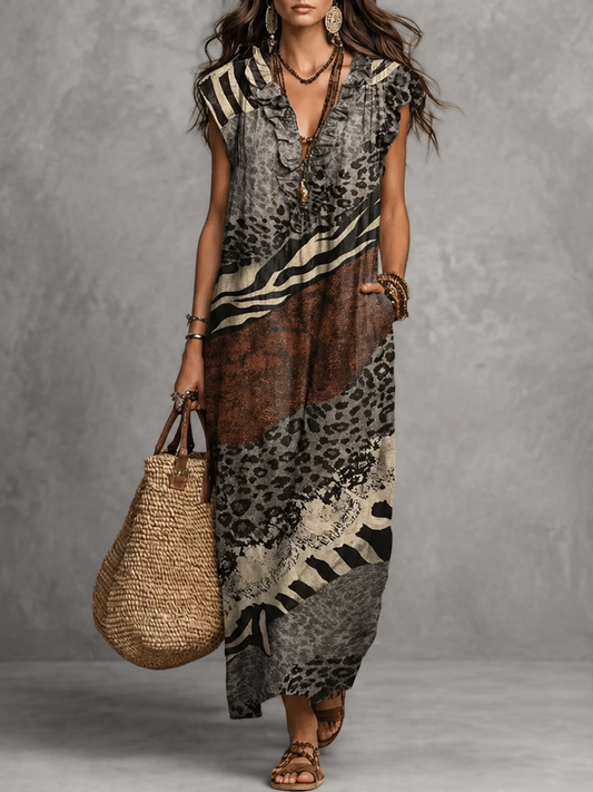 Loose Sleeveless Pockets Printed Ruffled V-Neck Maxi Dresses