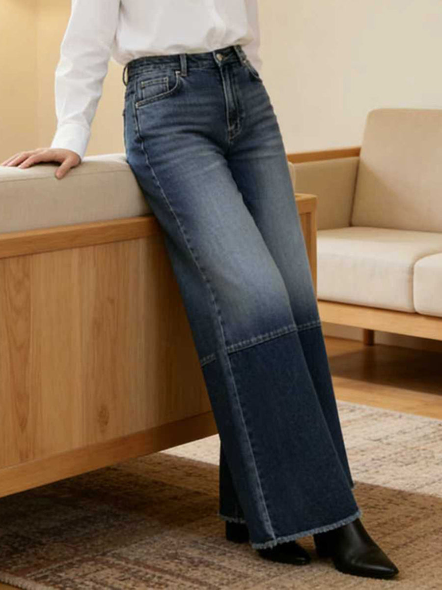 High Waisted Wide Leg Contrast Color Fringed Split-Joint Jean Pants Bottoms