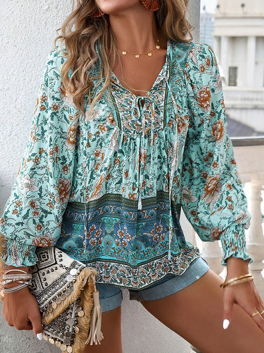 Long Sleeves Loose Contrast Color Drawstring Flower Print Pleated Split-Joint V-Neck Blouses&Shirts Tops