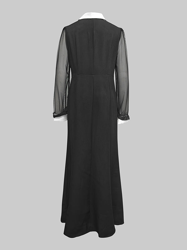 Long Sleeves Buttoned See-Through Solid Color Split-Side Lapel Maxi Dresses Shirt Dress