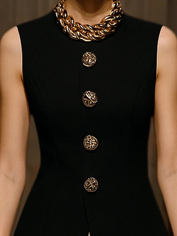 Sleeveless Buttoned Solid Color Round-Neck Vest Top