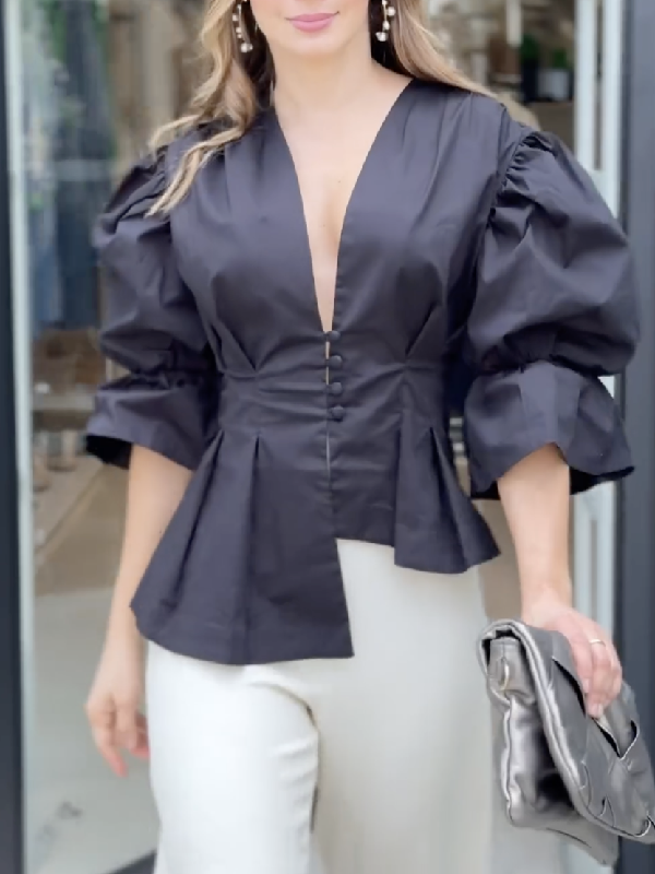 High-Low Puff Sleeves Asymmetric Buttoned Solid Color Deep V-Neck Blouses&Shirts Tops