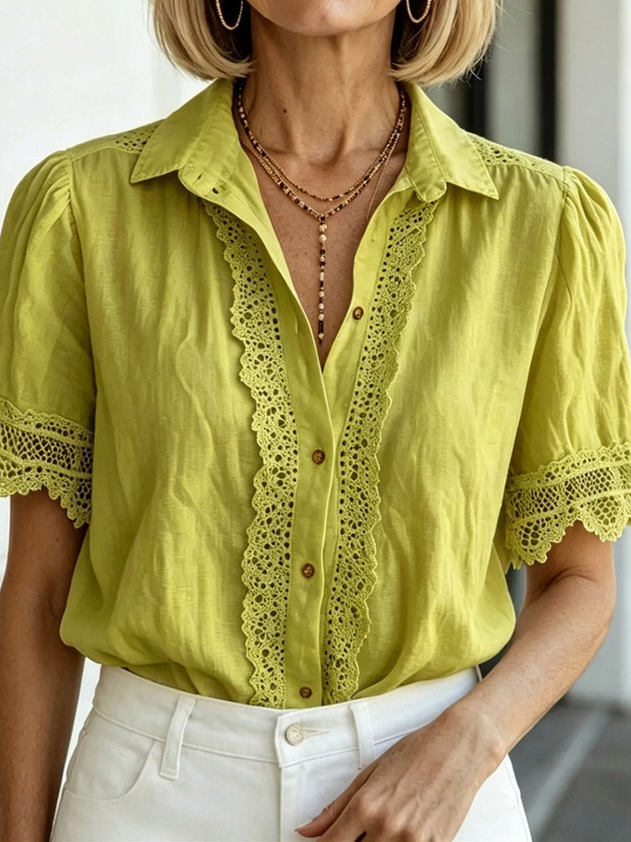 Plus Size Short Sleeves Buttoned Hollow Pleated Solid Color Lapel Blouses&Shirts Tops