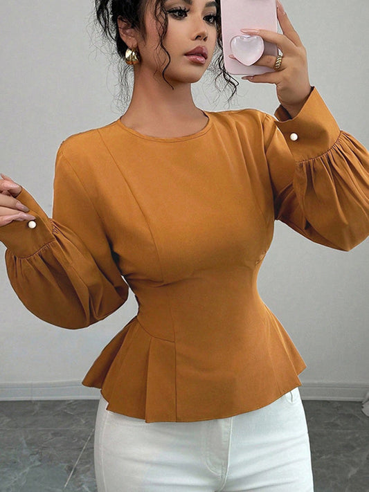 Elasticated Waist High Waisted Asymmetric Pleated Ruffled Solid Color Round-Neck Blouses&Shirts Tops