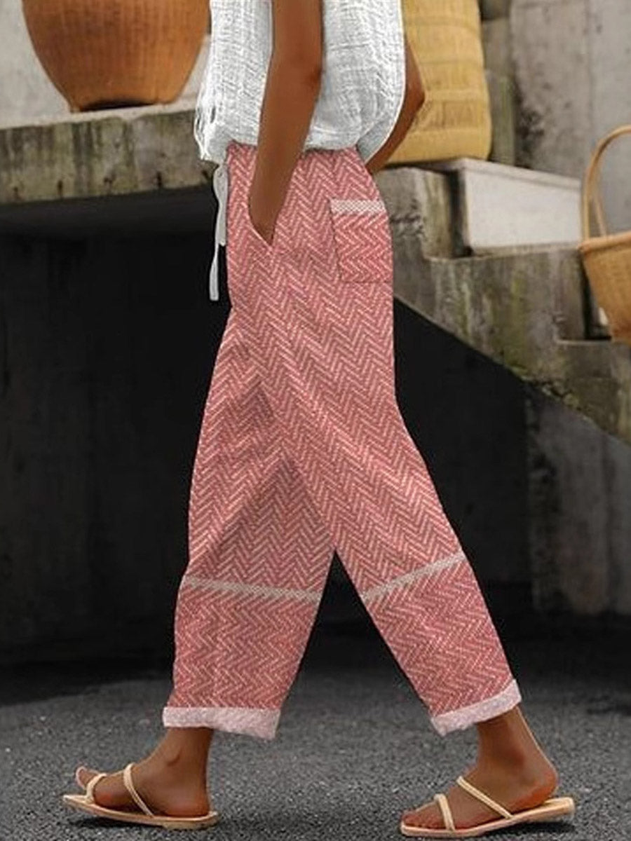 High Waisted Plus Size Contrast Color Drawstring Elasticity Pockets Printed Split-Joint Pants Trousers