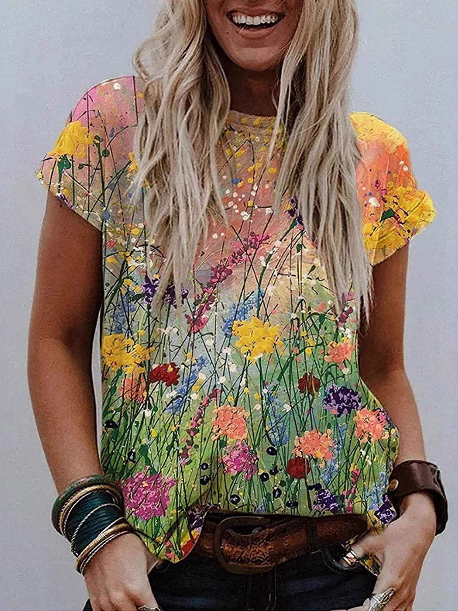 Loose Short Sleeves Contrast Color Printed Split-Joint Round-Neck T-Shirts Tops