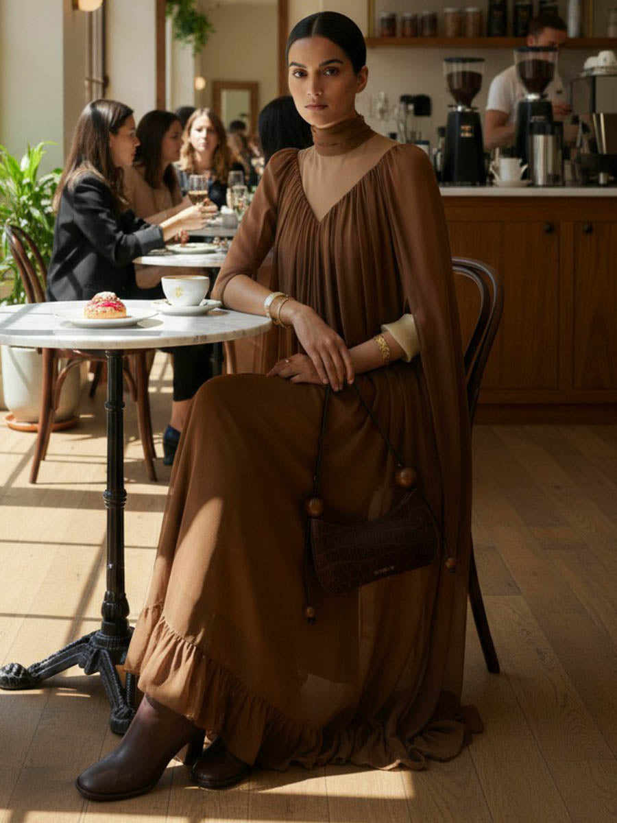 Cape Irregularity Layered Pleated Ruffled See-Through Solid Color Split-Joint High Neck Maxi Dresses