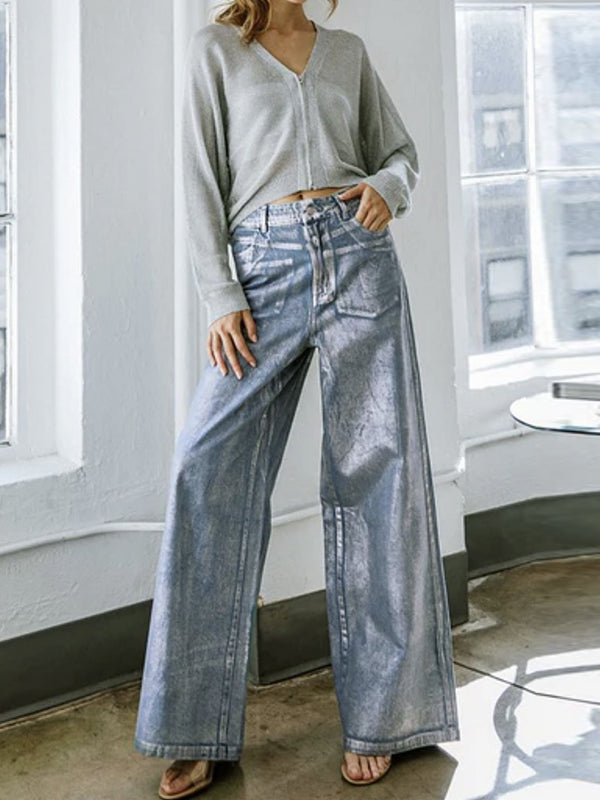 High Waisted Loose Printed Split-Joint Jean Pants Bottoms