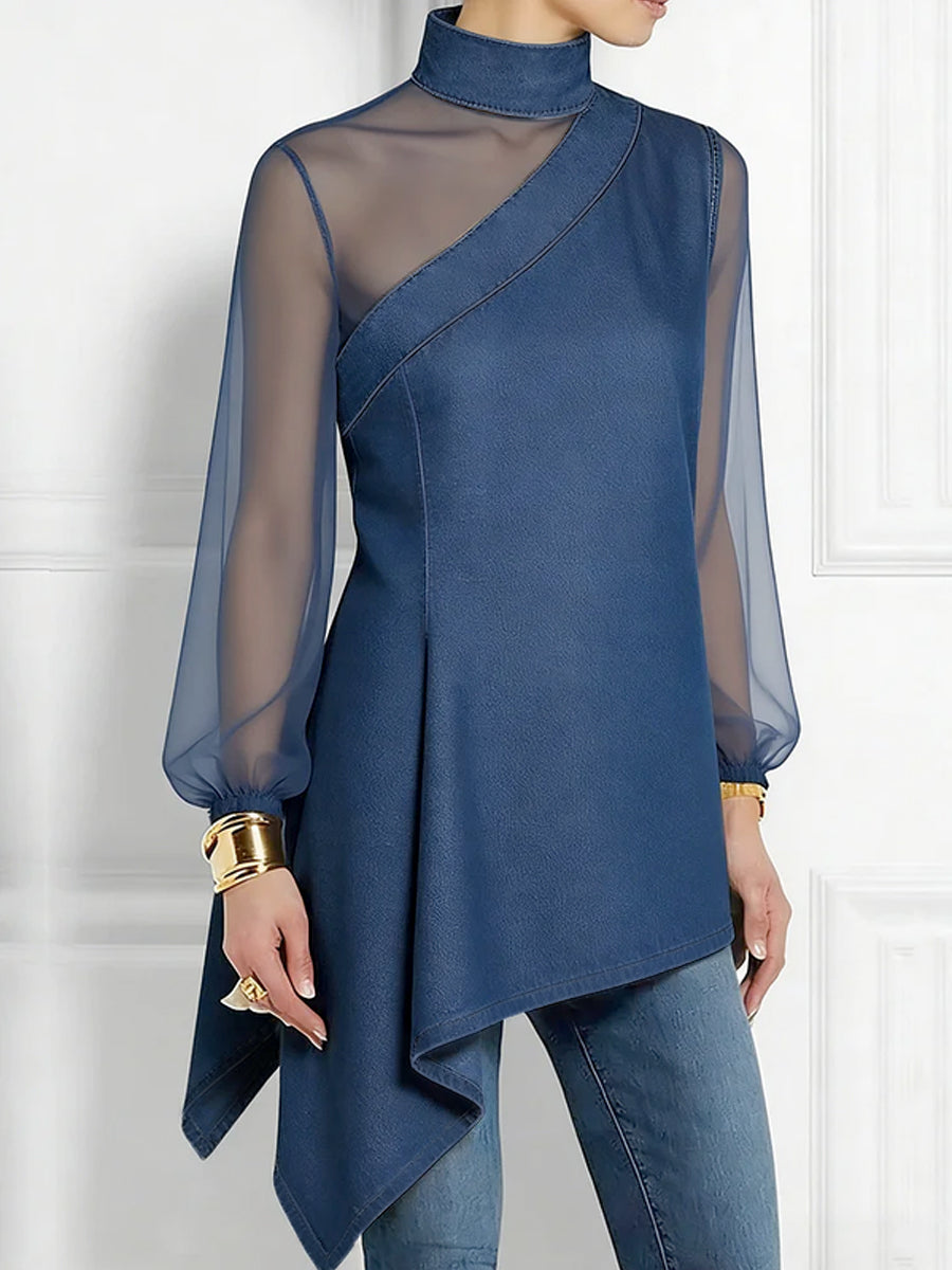 Long Sleeves Puff Sleeves Asymmetric Mesh Split-Joint Mock Neck Blouses&Shirts Tops