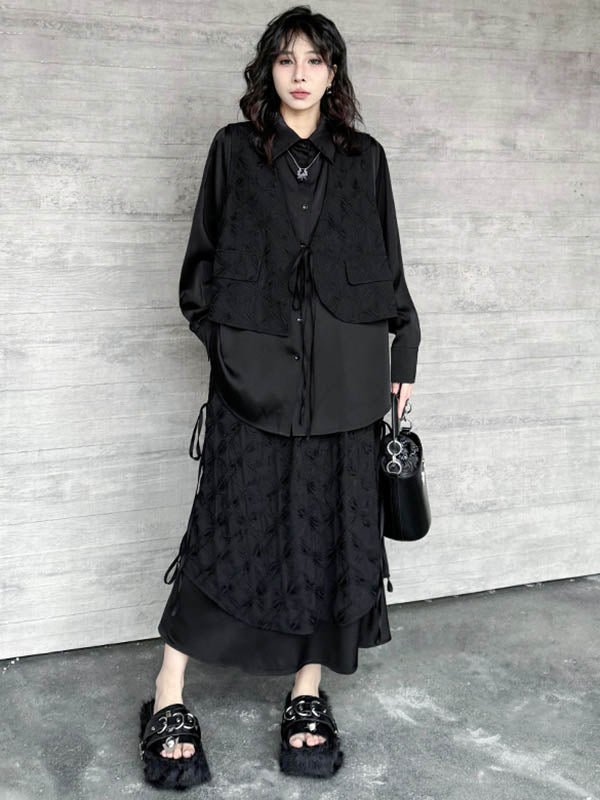 Solid Color Split-Joint Asymmetric Drawstring Flower Print   False Two Lapel Buttoned Pockets Blouses&Shirts Tops + Elasticated Waist Double Layered Skirts Bottoms Two Pieces Set
