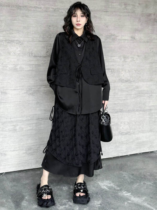 Solid Color Split-Joint Asymmetric Drawstring Flower Print   False Two Lapel Buttoned Pockets Blouses&Shirts Tops + Elasticated Waist Double Layered Skirts Bottoms Two Pieces Set
