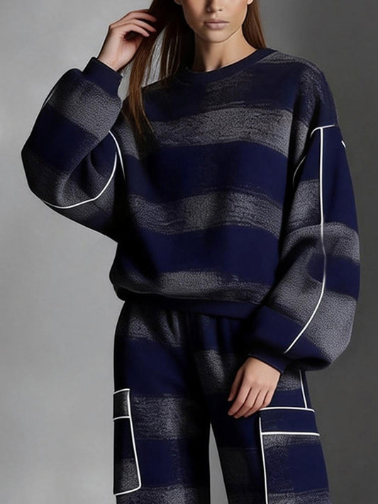 Long Sleeves Loose Contrast Color Line Split-Joint Striped Round-Neck Sweatershirt