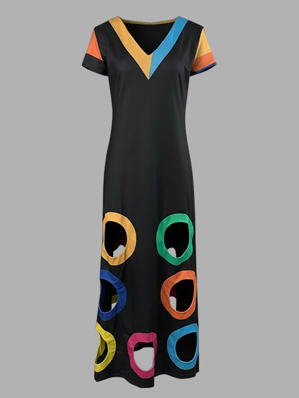 A-Line High Waisted Colorful Contrast Color Hollow V-Neck Maxi Dresses