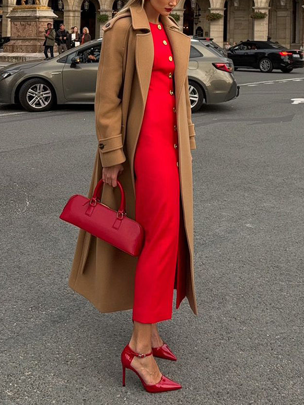 Bodycon Long Sleeves Buttoned Solid Color V-Neck Maxi Dresses Shirt Dress