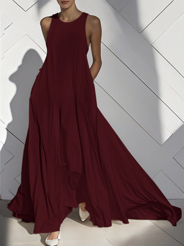 Loose Sleeveless Pockets Solid Color Split-Joint Round-Neck Maxi Dresses