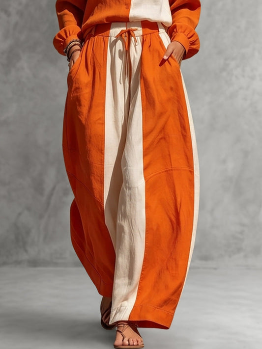High Waisted Wide Leg Contrast Color Drawstring Elasticity Pockets Pants Trousers