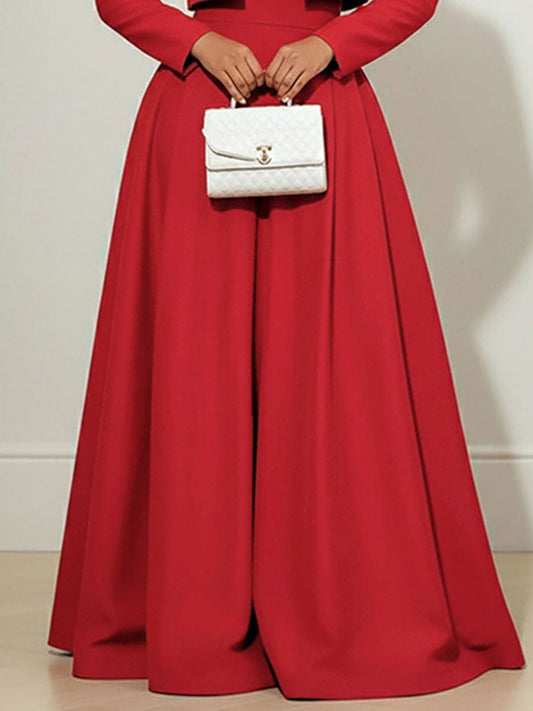 Elasticated Waist High Waisted Big Hemline Pleated Pockets Solid Color Zipper Wide Leg Pants