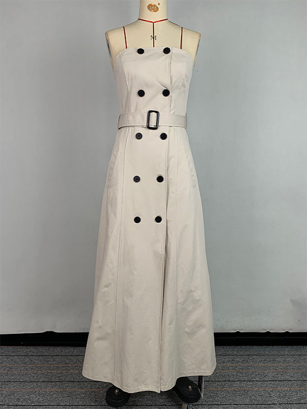 A-Line Loose Belted Buttoned Pockets Tube Maxi Dresses