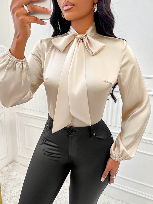 Long Sleeves Loose Bow-Embellished Pleated Solid Color Split-Joint Scarf Collar Blouses&Shirts Tops