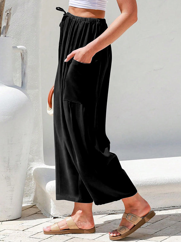 Column Loose Elasticity Pockets Solid Color Casual Pants Bottoms Trousers