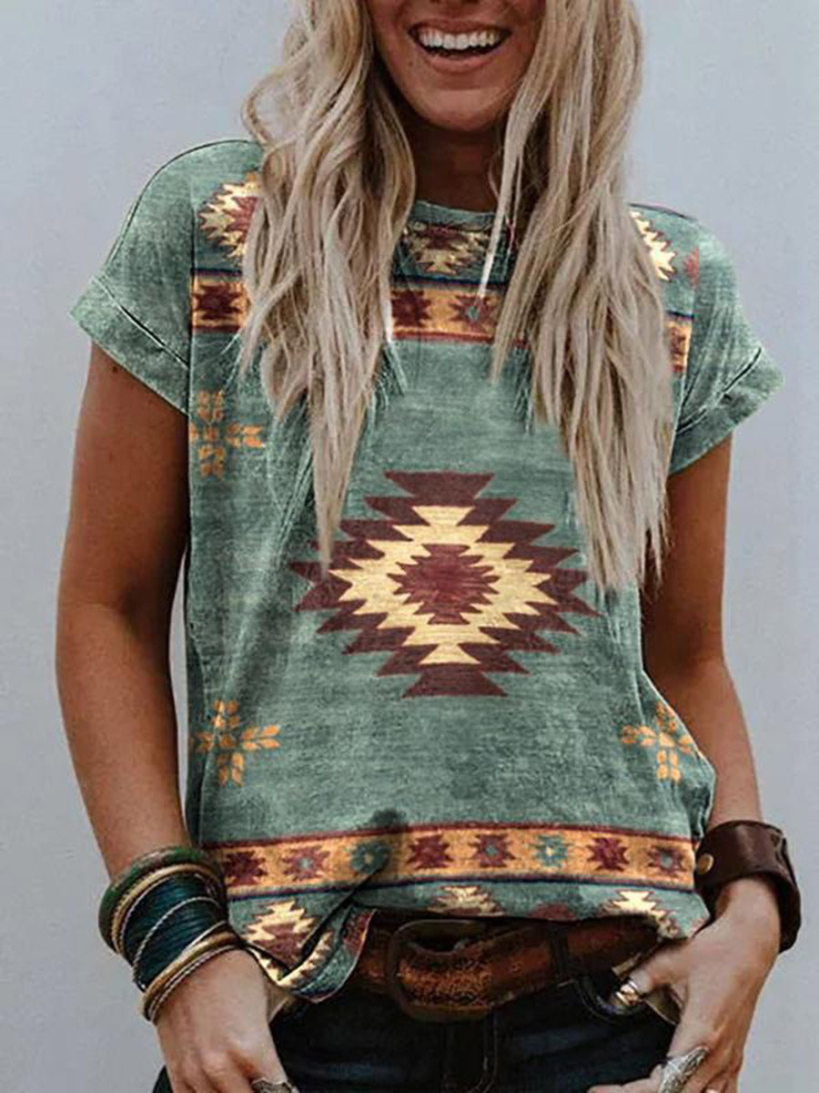 Loose Short Sleeves Contrast Color Printed Split-Joint Round-Neck T-Shirts Tops
